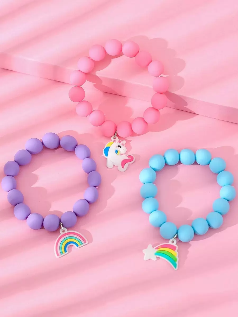 3pcs Toddler Girls Rainbow Charm Beaded Bracelet