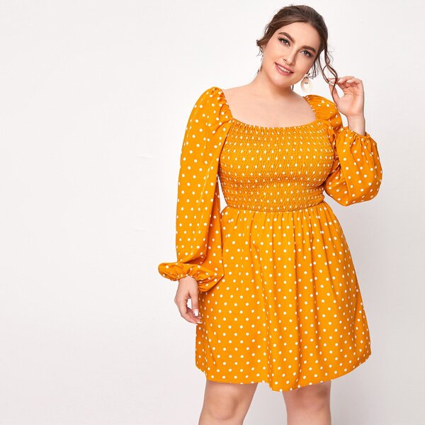 

Plus Polka Dot Shirred Square Neck Dress, Yellow