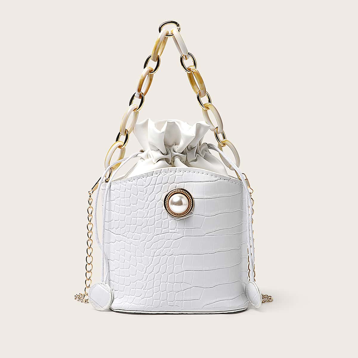 

Drawstring Decor Croc Embossed Bucket Bag, White