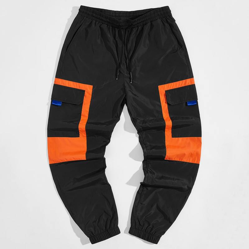

Guys Drawstring Waist Flap Pocket Neon Panel Wind Pants, Black
