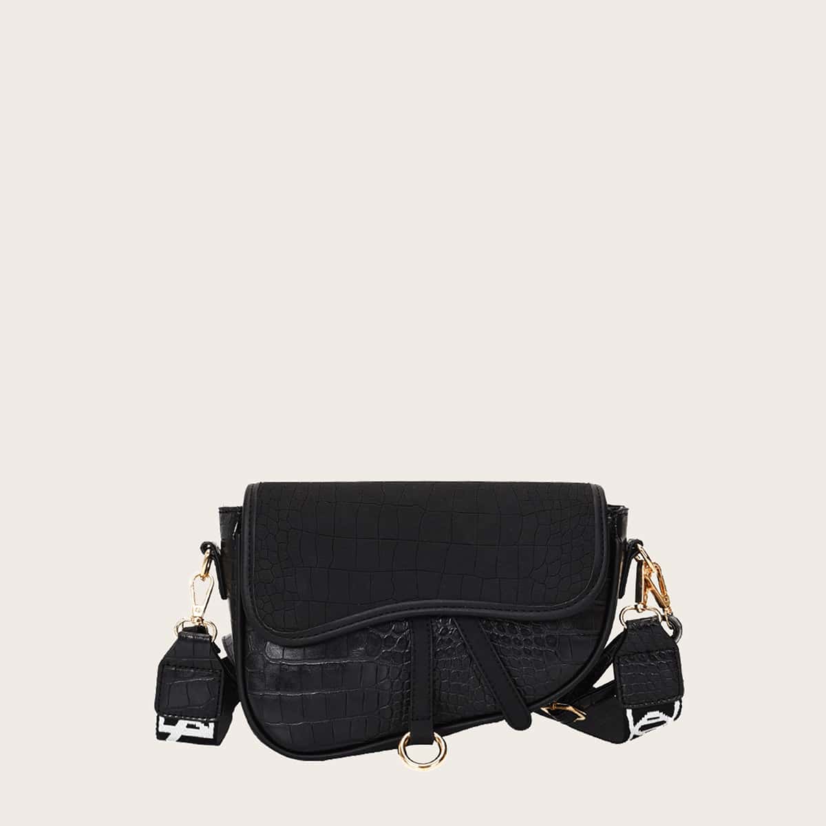 

Croc Embossed Flap Saddle Bag, Black