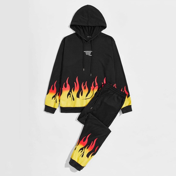 

Men Slogan & Fire Print Drawstring Hoodie & Joggers Set, Black