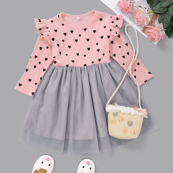 

Baby Girl Heart Print Color Block Ruffle Trim Dress, Multicolor