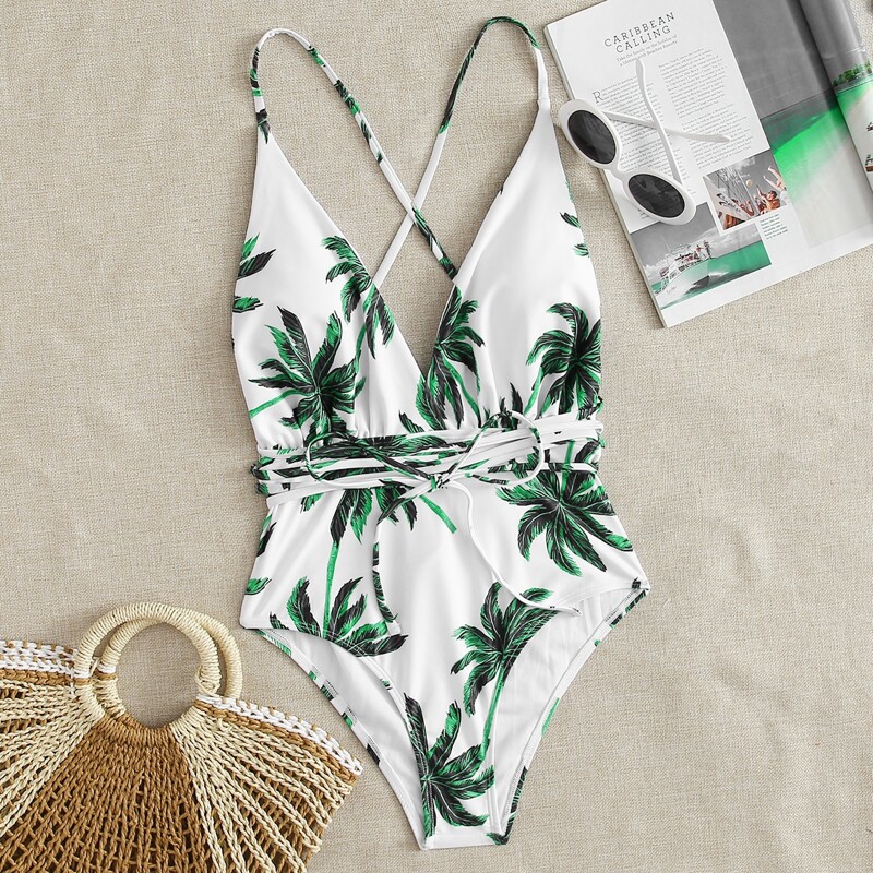 

Tropical Tie Front Plunging One Piece Swimsuit, Multicolor