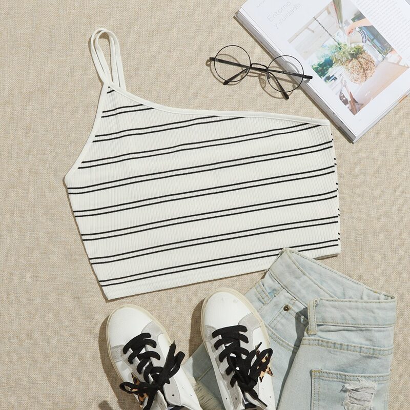 

One Shoulder Striped Crop Top, White