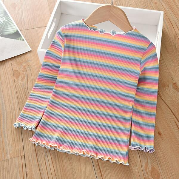 

Toddler Girls Rainbow Stripe Lettuce Trim Tee, Multicolor