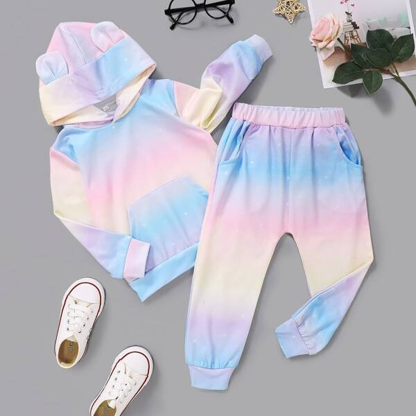 

Toddler Girls Tie-Dye Wash Bear Ear Hoodie & Joggers Set, Multicolor