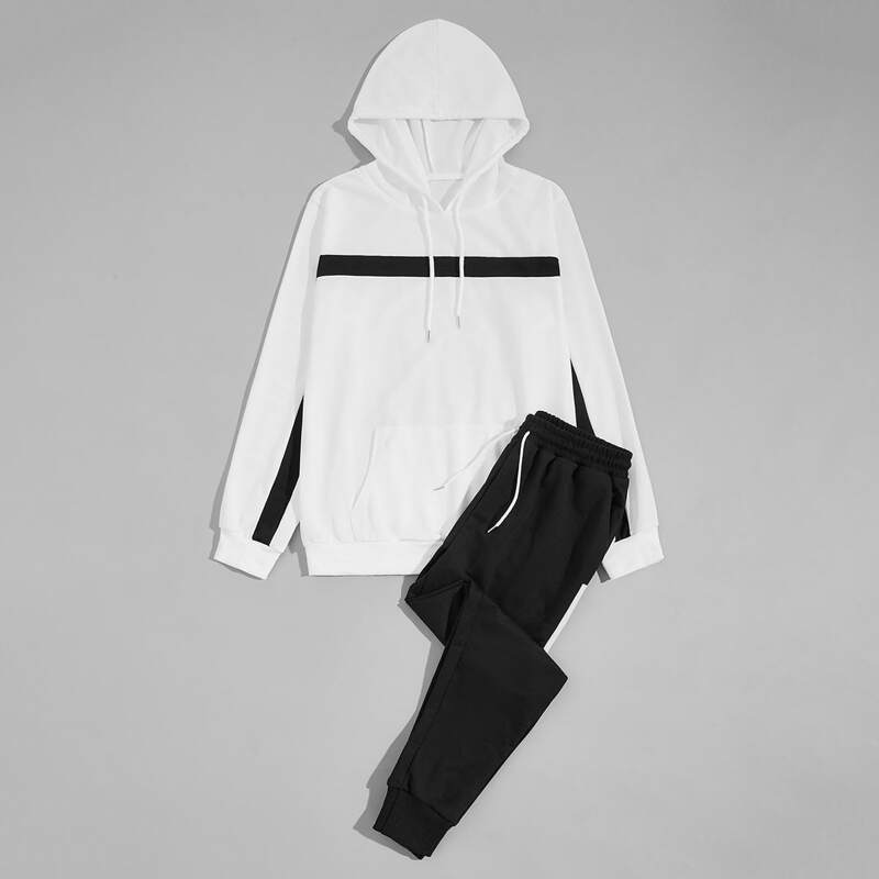 

Guys Two Tone Kangaroo Pocket Hoodie & Sweatpants, Black and white
