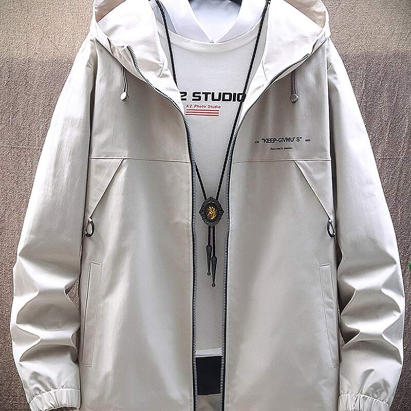 

Guys Letter Graphic Back Zip Up Hooded Jacket, Beige