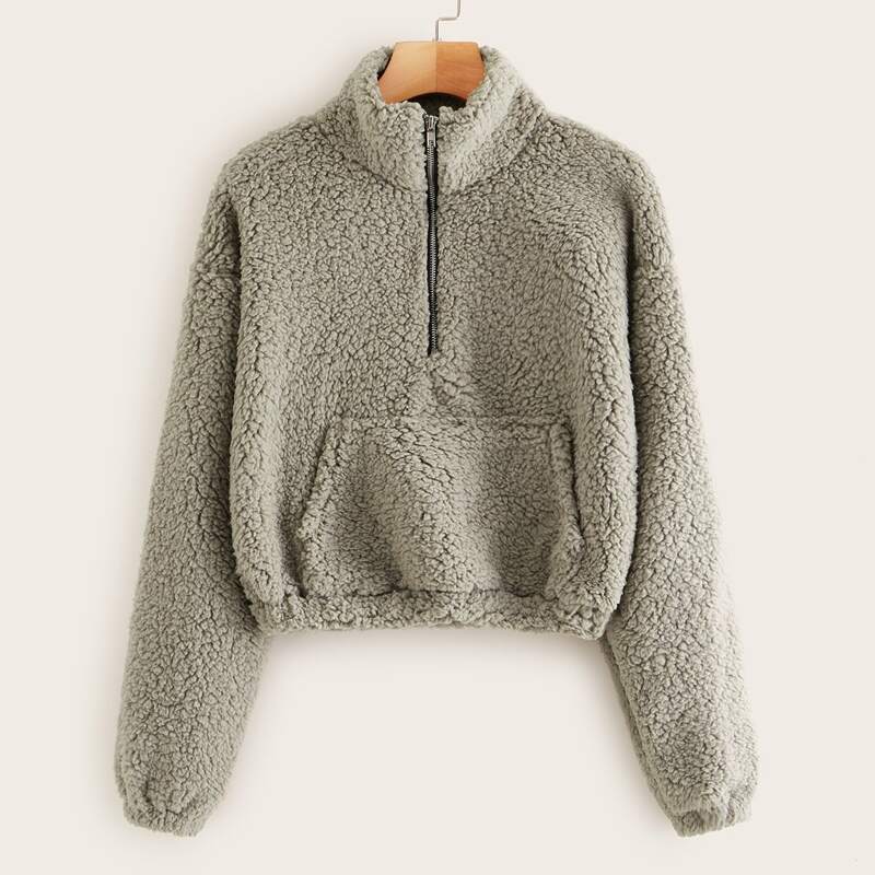 

Solid Half Zip Teddy Sweatshirt, Light grey