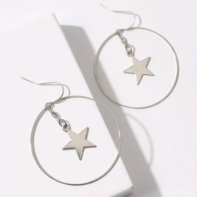 Star Ring Drop Earrings, Silver
