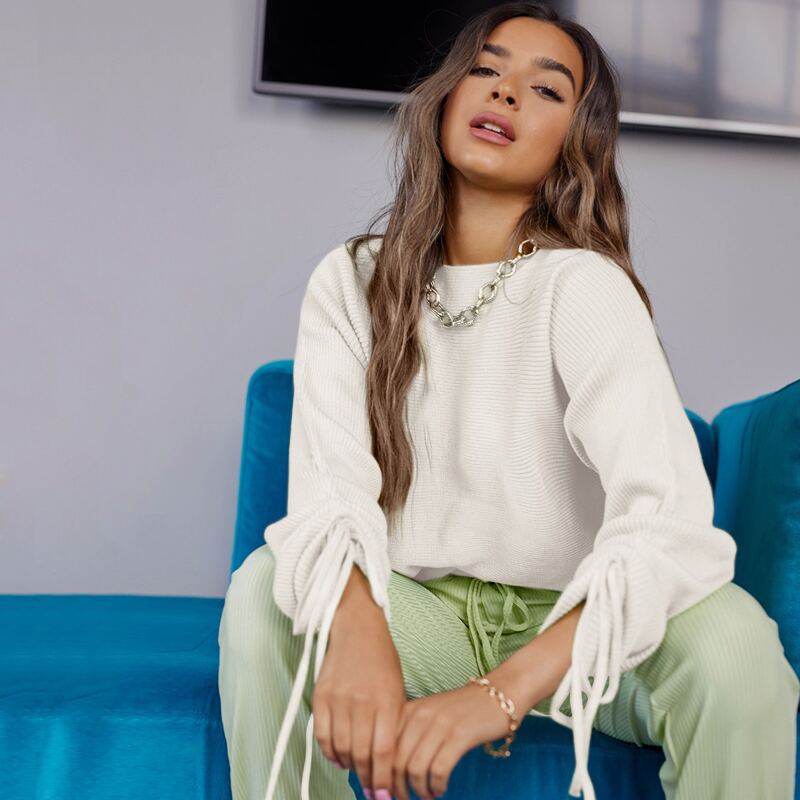 

Drawstring Ruched Sleeve Ribbed Knit Sweater, White