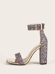 女士亮片裝飾粗跟踝帶魅力四射派對高跟涼鞋 - 彩色 - 查看 1