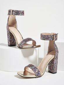 女士亮片裝飾粗跟踝帶魅力四射派對高跟涼鞋 - 彩色 - 查看 2