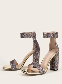 女士亮片裝飾粗跟踝帶魅力四射派對高跟涼鞋 - 彩色 - 查看 4