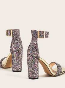女士亮片裝飾粗跟踝帶魅力四射派對高跟涼鞋 - 彩色 - 查看 5