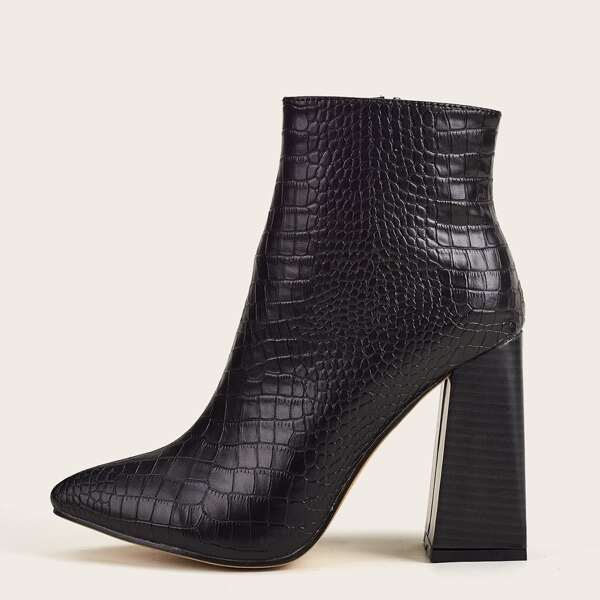 

Point Toe Crocodile Chunky Boots, Black