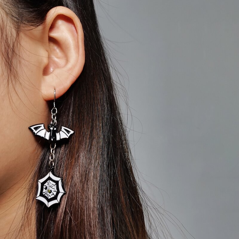 

Halloween Bat & Spider Web Drop Earrings, Black and white