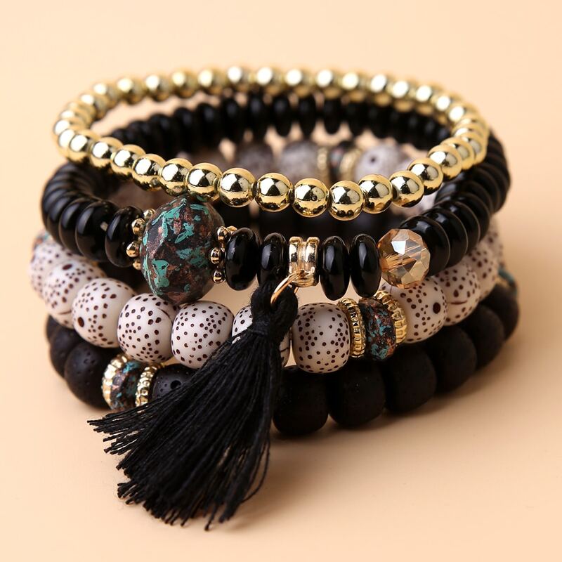 

4pcs Tassel Charm Beaded Bracelet, Multicolor