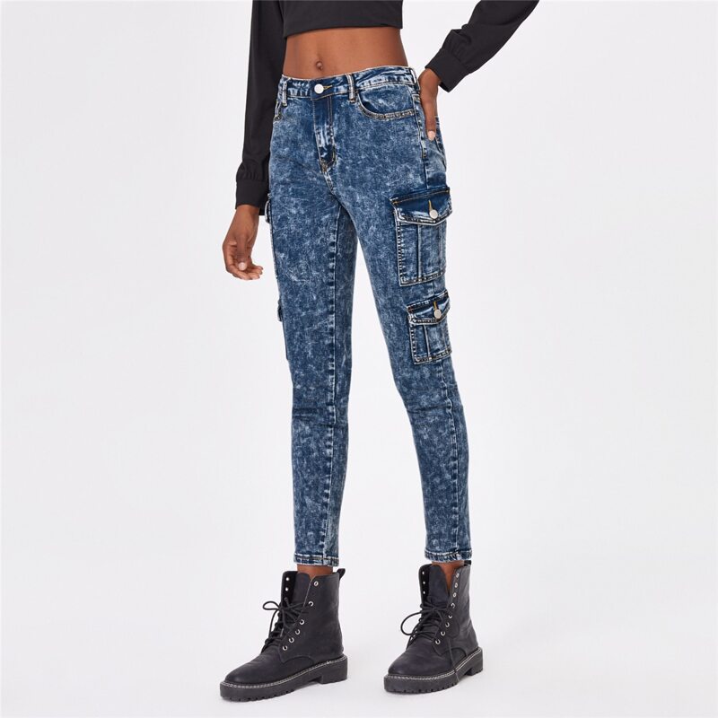 

Flap Pocket Skinny Jeans Without Belt, Dark wash