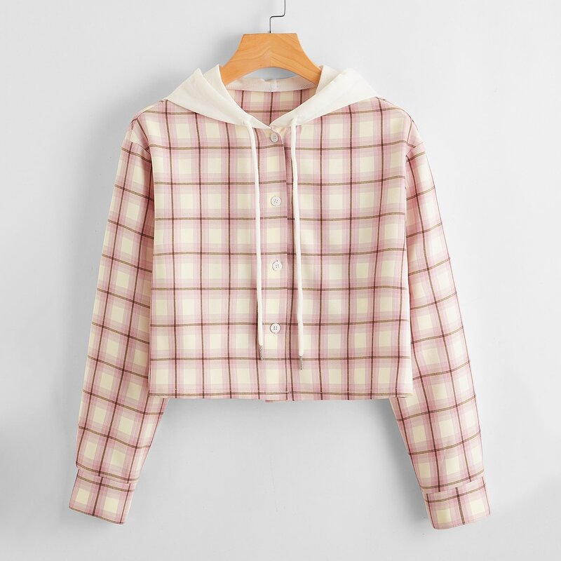 

Plaid Button Front Hooded Shirt, Multicolor
