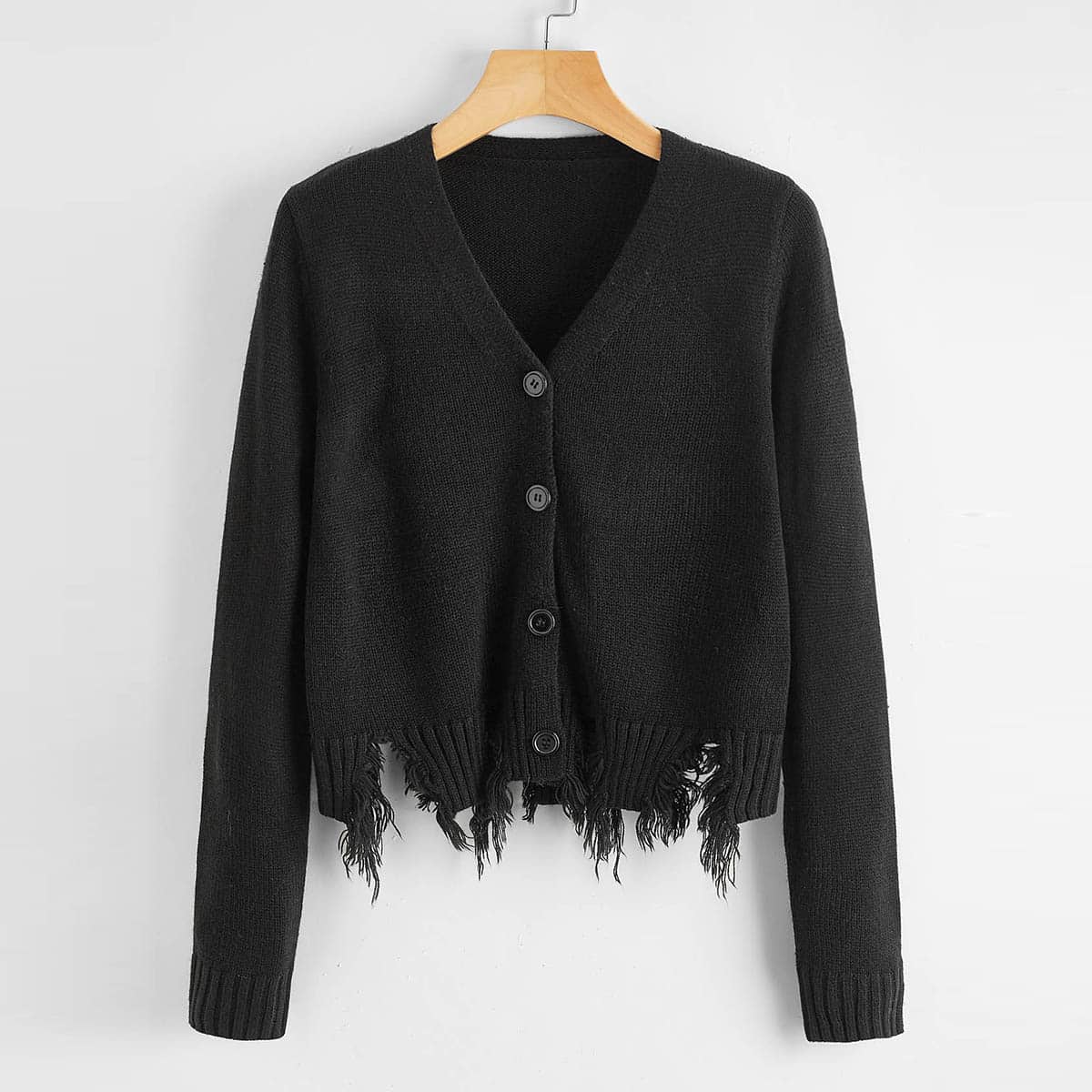

Solid Button Front Raw Hem Cardigan, Black