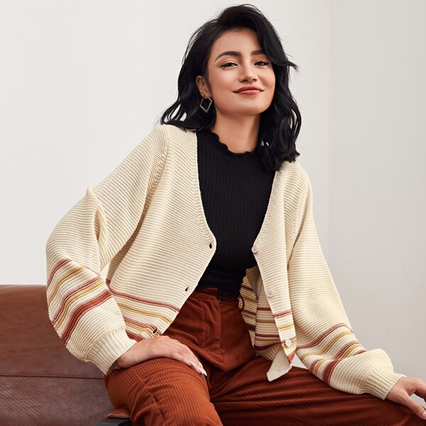 

V-neck Striped Button Placket Cardigan, Apricot