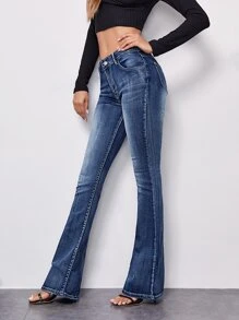 Slit Hem Flare Leg Jeans - Dark Wash - View 4