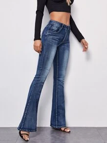 Slit Hem Flare Leg Jeans - Dark Wash - View 5