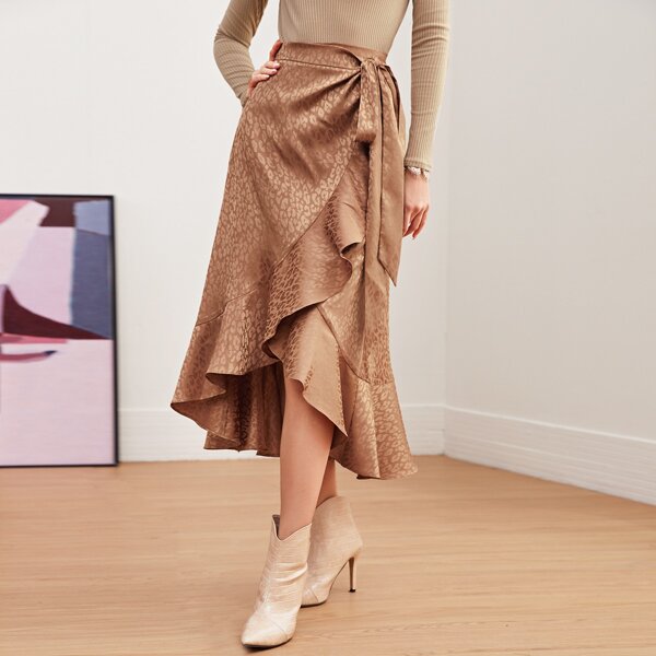 

Asymmetrical Ruffle Hem Wrap Knot Leopard Satin Skirt, Camel