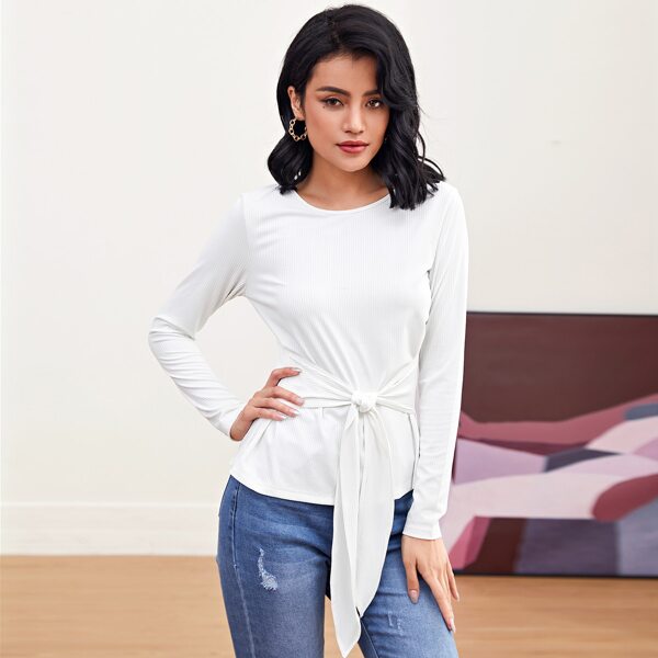 

Tie Front Rib-knit Solid Tee, White