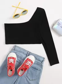 SHEIN Tween Girl One-Shoulder Crop Top - Black - View 1