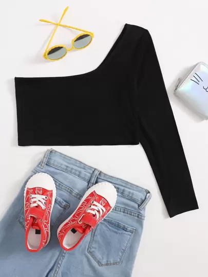 SHEIN Tween Girl One-Shoulder Crop Top