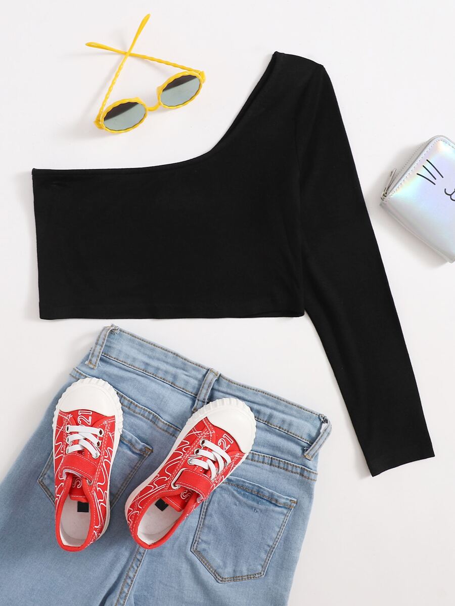 SHEIN Tween Girl One-Shoulder Crop Top - Black - View 1