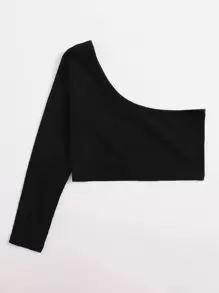 SHEIN Tween Girl One-Shoulder Crop Top - Black - View 2