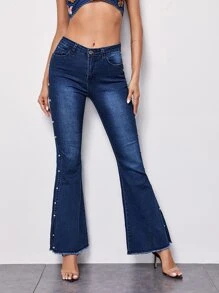 Jeans de pierna amplia con cuenta lateral - Azul lavado oscuro - Ver 3