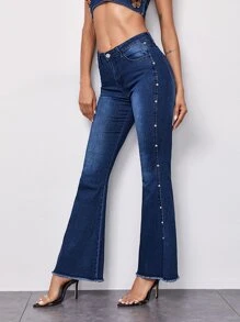 Jeans de pierna amplia con cuenta lateral - Azul lavado oscuro - Ver 4