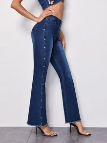 Jeans de pierna amplia con cuenta lateral - Azul lavado oscuro - Ver 1