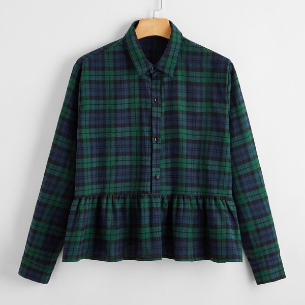 

Plus Tartan Plaid Button Up Peplum Blouse, Multicolor