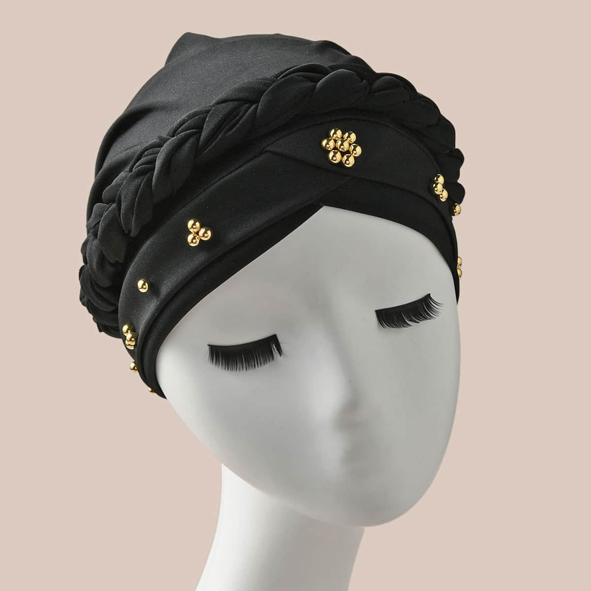 

Bead Decor Braided Turban Hat, Black