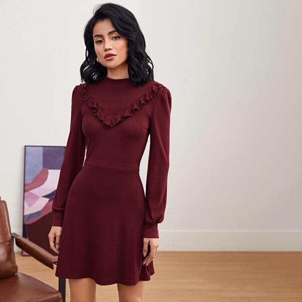 

Ruffle Detail Rib-knit Flare Dress, Maroon