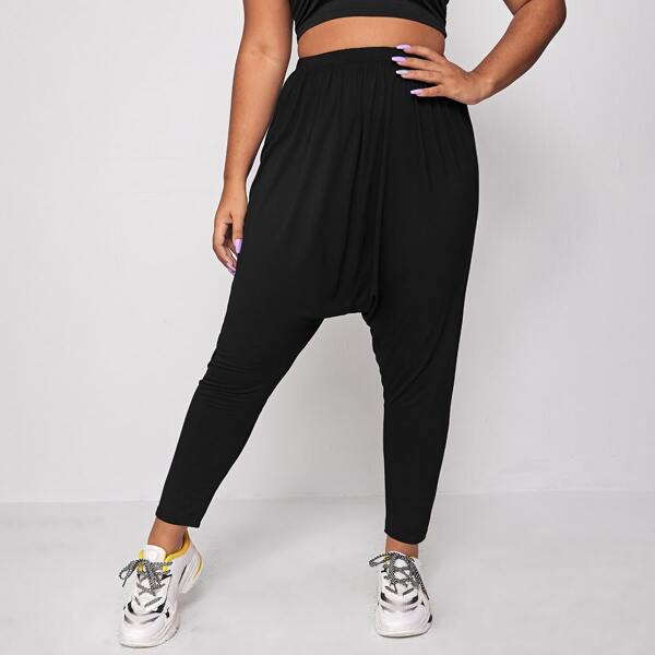 

Plus Elastic Waist Solid Harem Pants, Black
