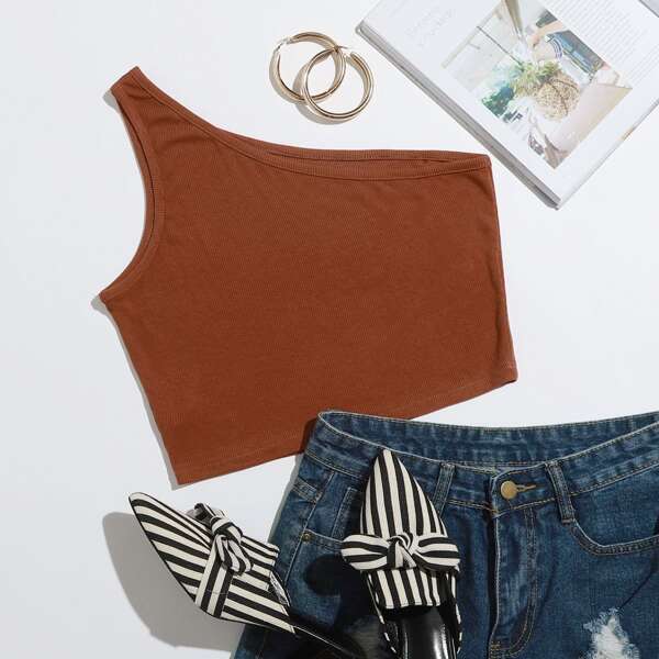 

One Shoulder Rib-knit Crop Top, Rust brown