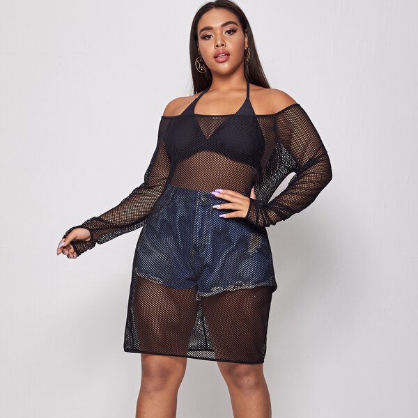 

Plus Fishnet Off The Shoulder Sheer Dress, Black