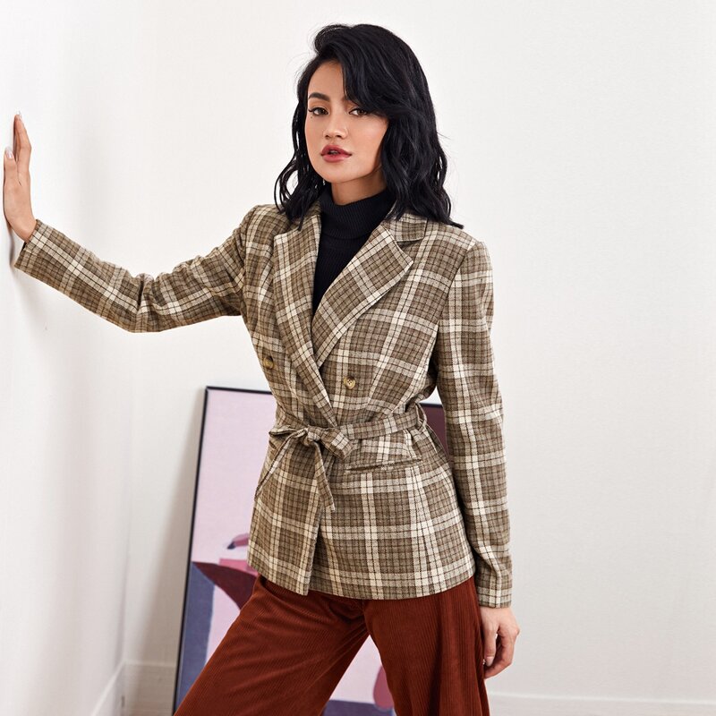 

Lapel Collar Belted Plaid Blazer, Multicolor