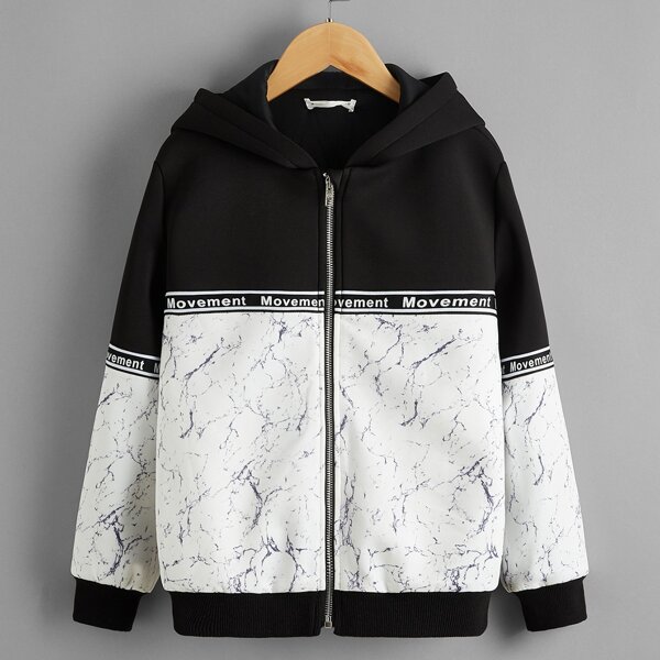 

Boys Marble Panel Letter Tape Detail Zipper Placket Hooded Jacket, Black and white