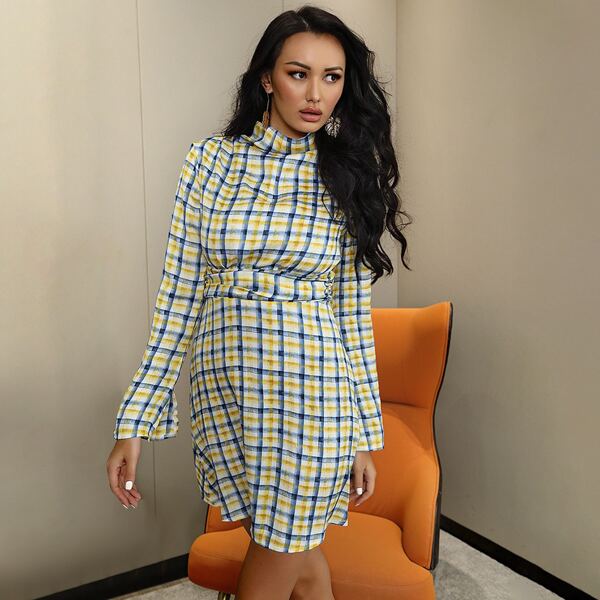 

Mock Neck Ruched Plaid Dress, Multicolor