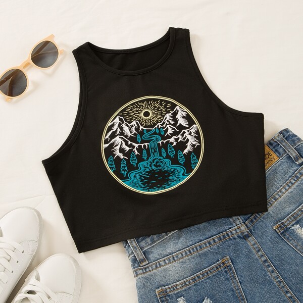 

Plus Graphic Print Crop Tank Top, Black