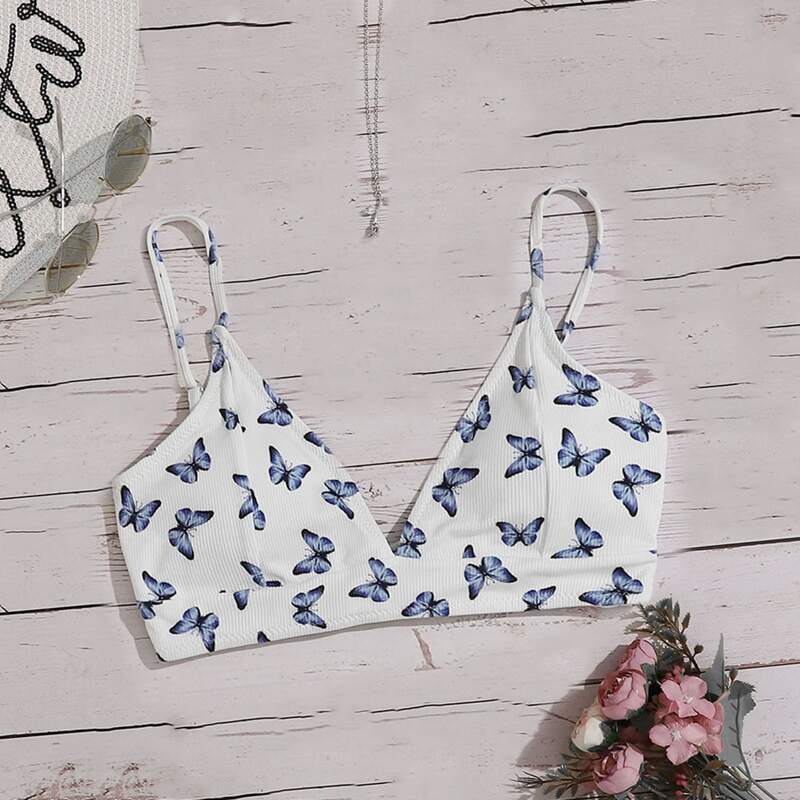 

Butterfly Print Rib Bikini Top, Blue and white