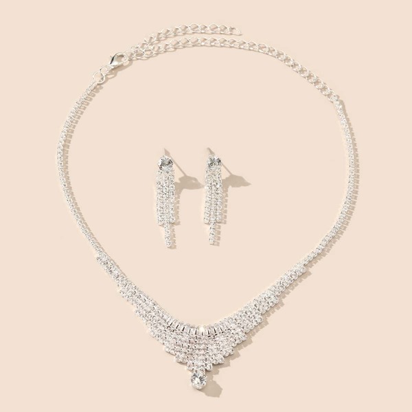 

3pcs Rhinestone Decor Jewelry Set, Silver